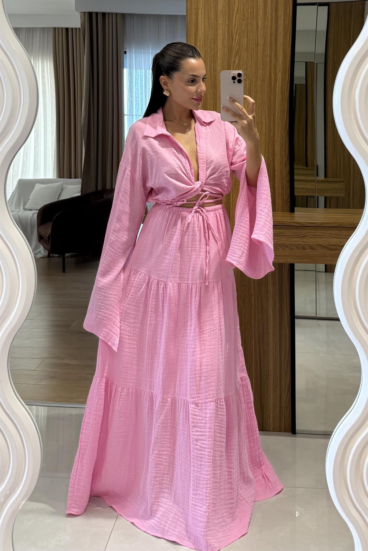 Vasse Pembe  Gömleği Bağlamalı Etekli Müslin Takım