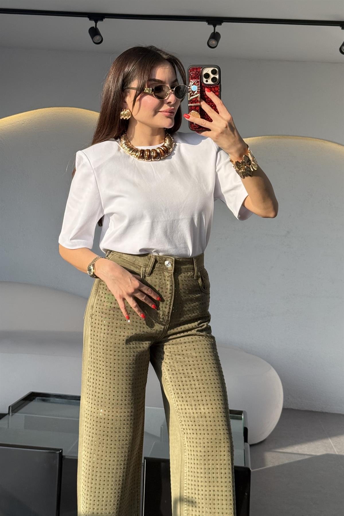 Vayola Bisiklet Yaka Vatkalı Beyaz Tshirt