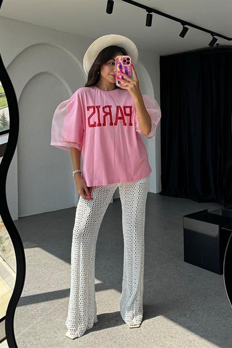 Vella Pembe Kolları Tül Detaylı Tshirt 