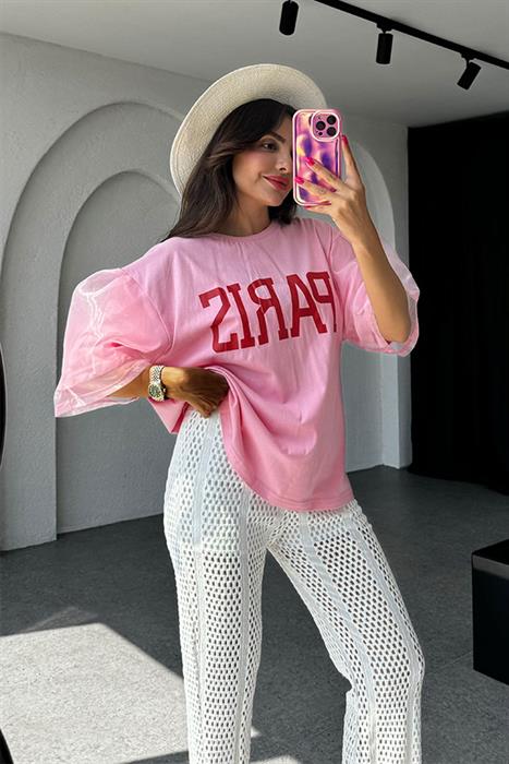 Vella Pembe Kolları Tül Detaylı Tshirt 