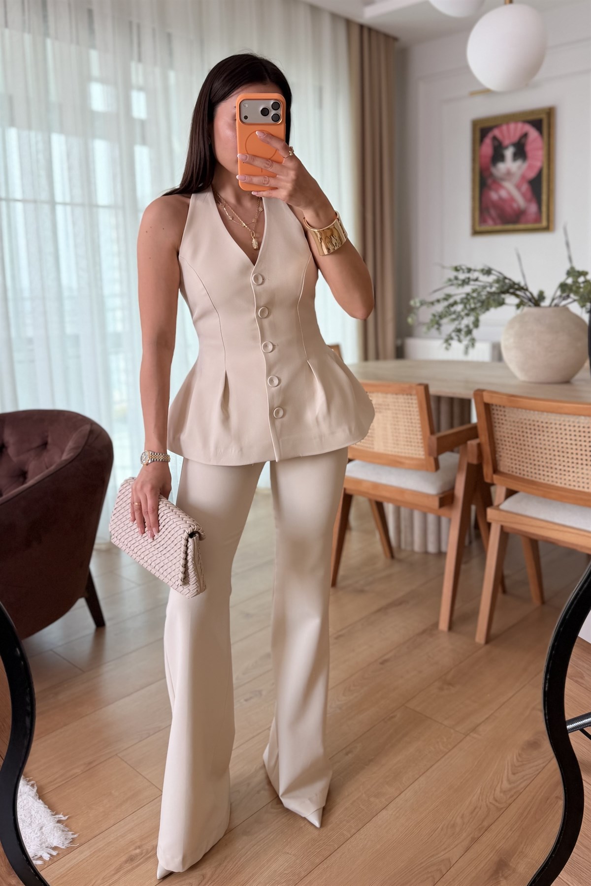 Velora Bej Premium Yelekli Takım
