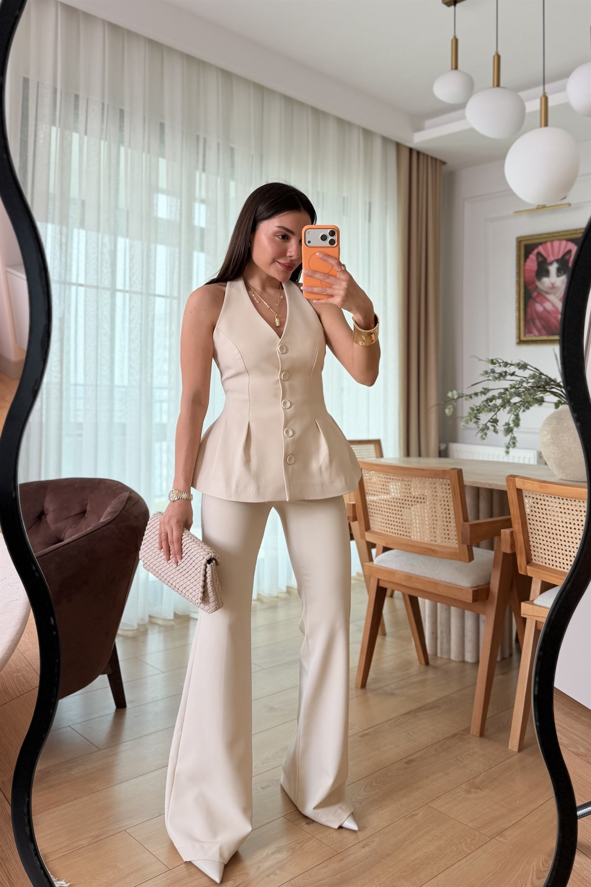 Velora Bej Premium Yelekli Takım