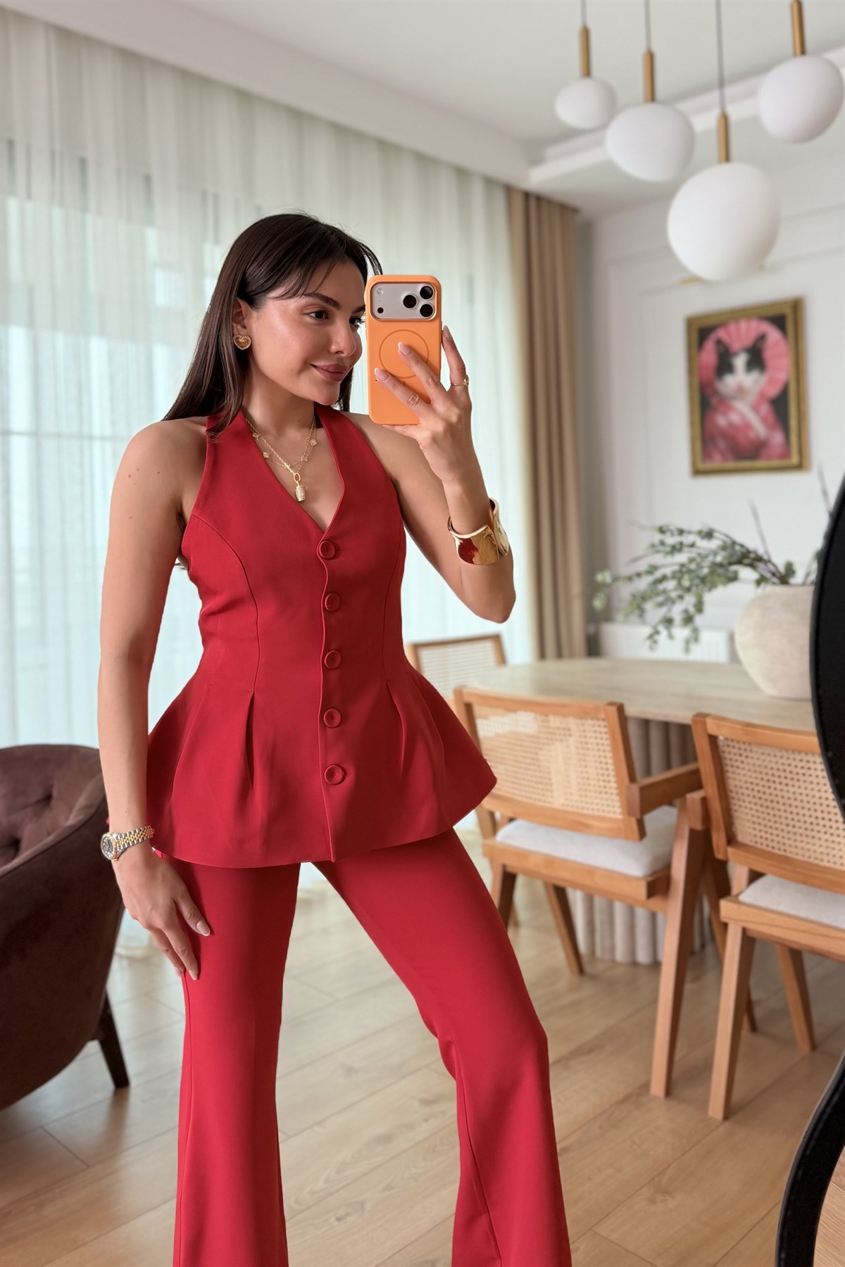 Velora Kırmızı Premium Yelekli Takım