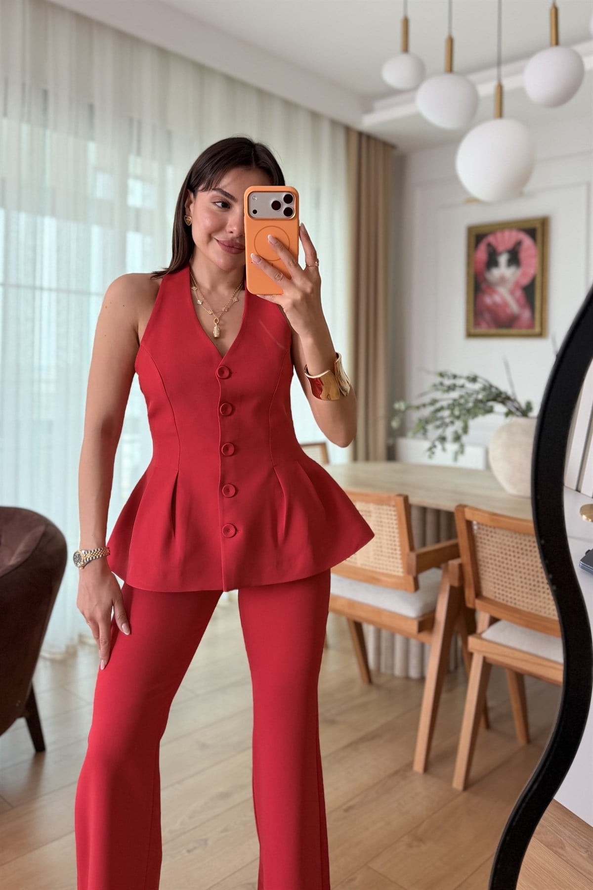 Velora Kırmızı Premium Yelekli Takım