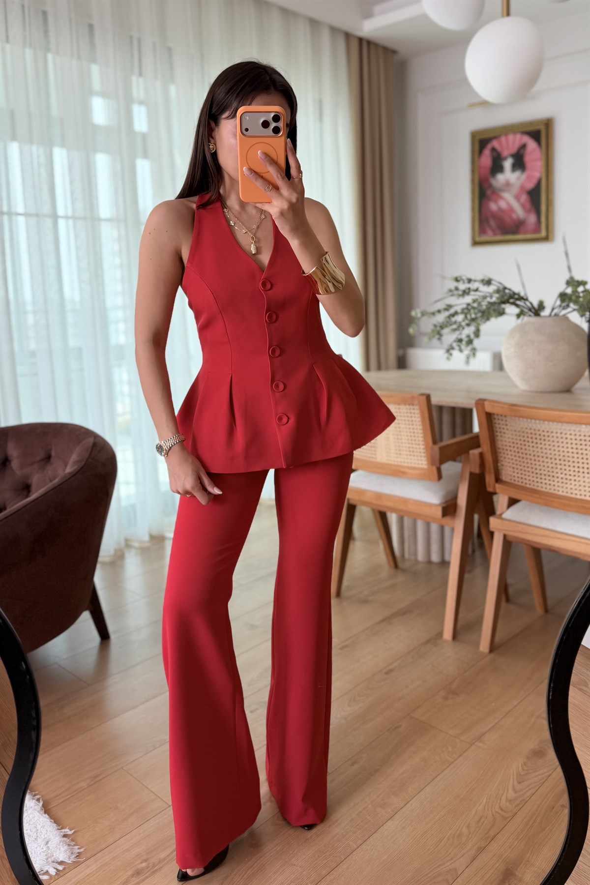 Velora Kırmızı Premium Yelekli Takım