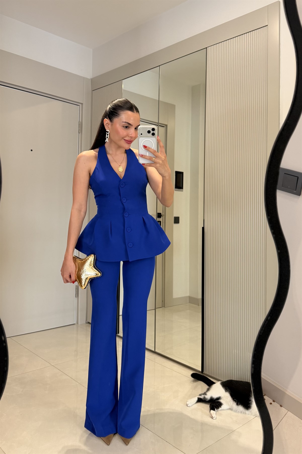 Velora Saks Mavi Premium Yelekli Takım