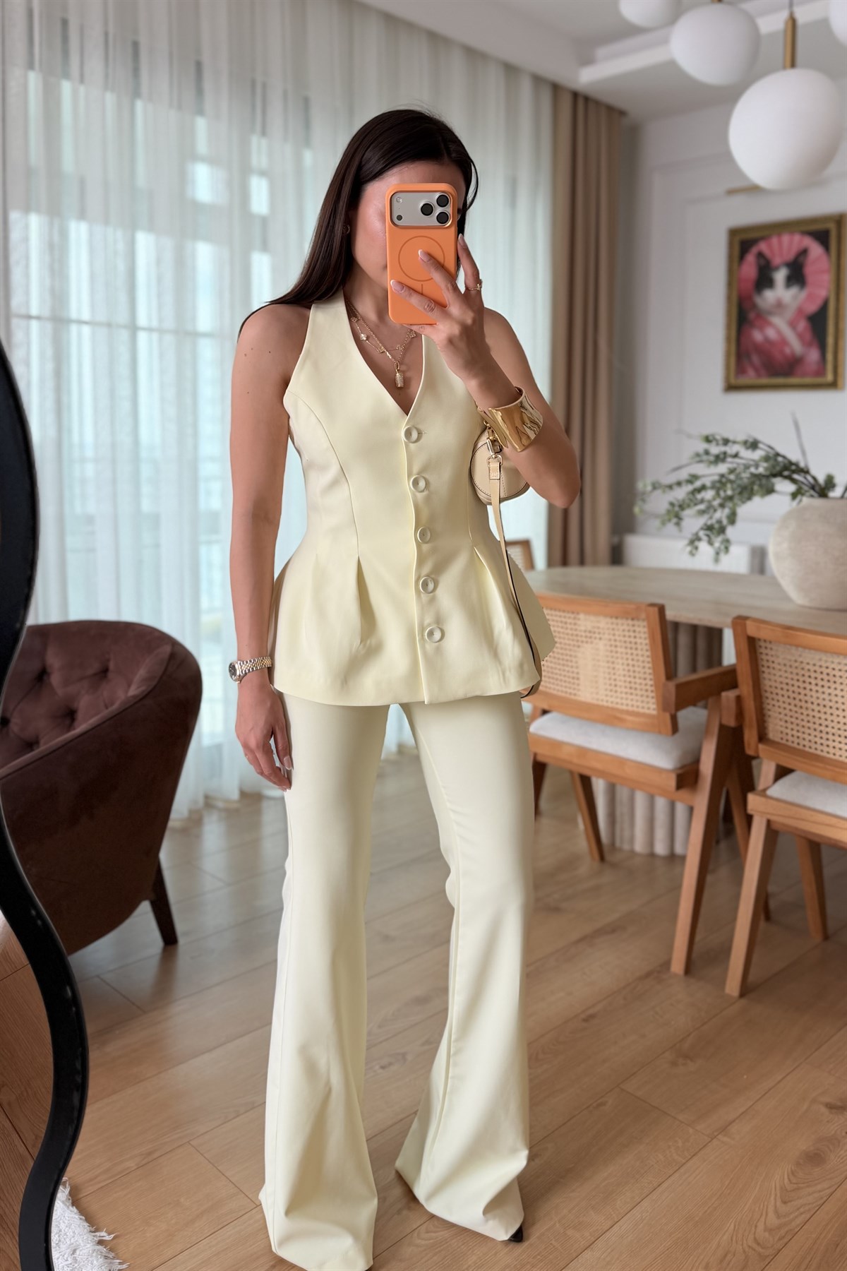 Velora Sarı Premium Yelekli Takım