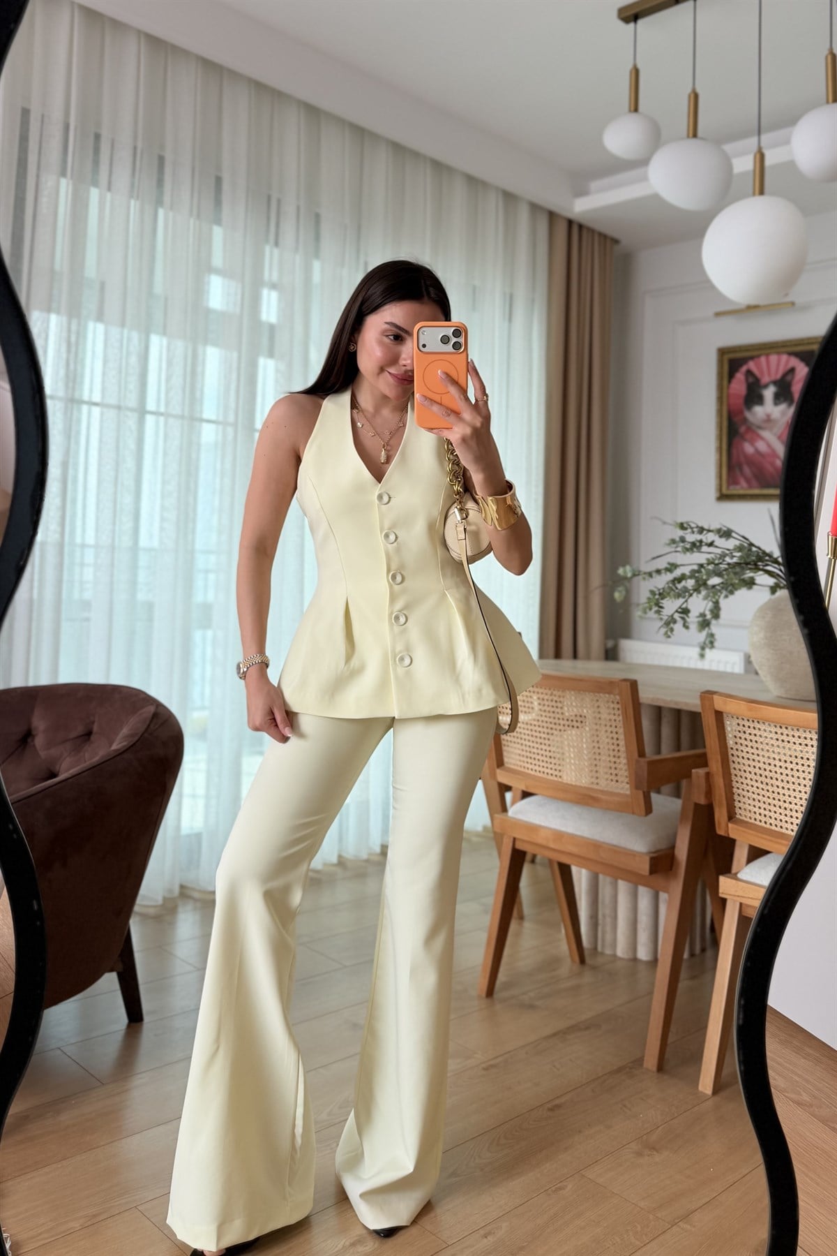 Velora Sarı Premium Yelekli Takım