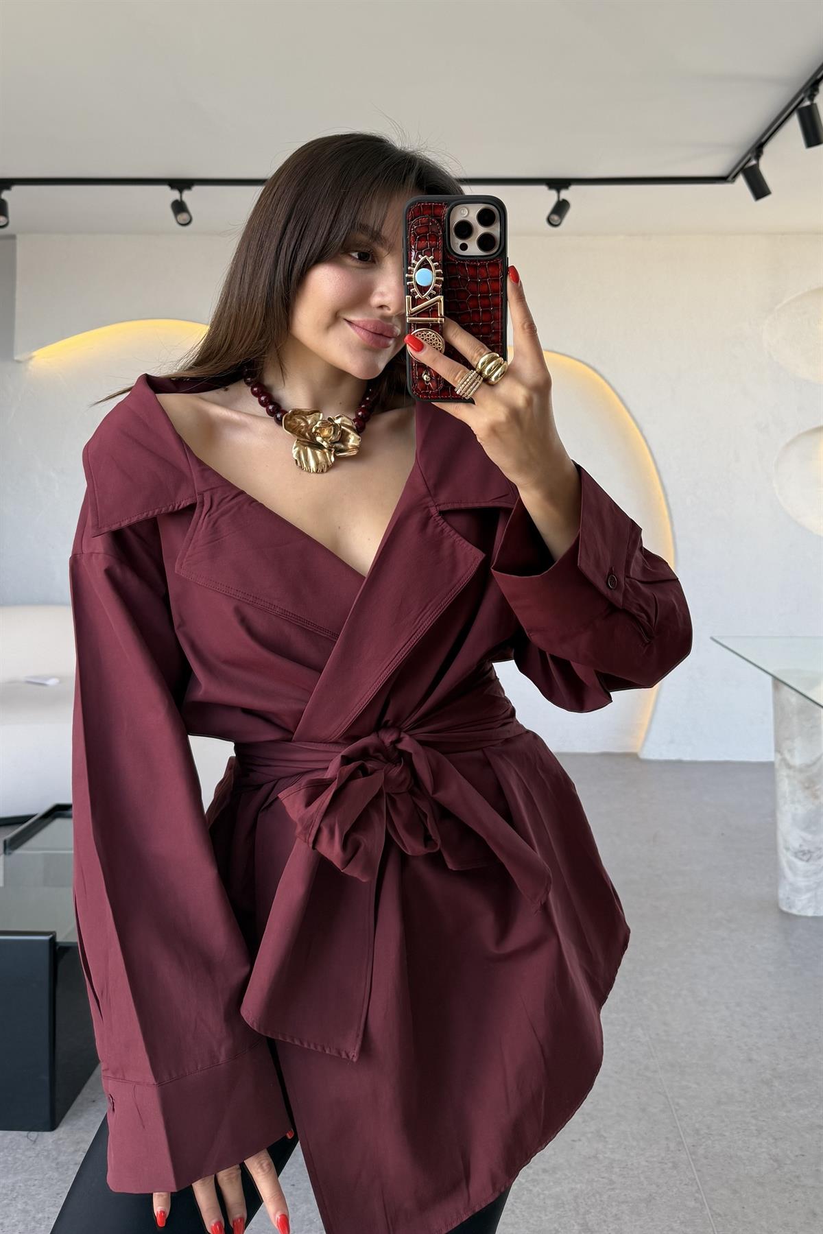 Velva Bordo Bağlamalı Tasarım Gömlek