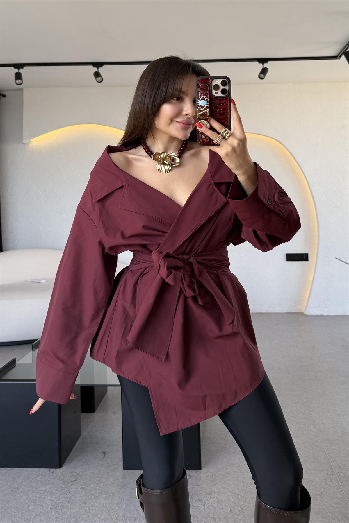 Velva Bordo Bağlamalı Tasarım Gömlek