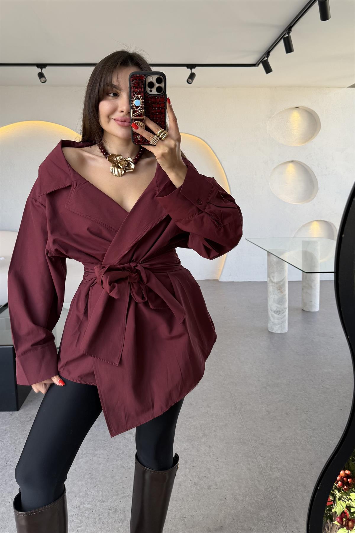 Velva Bordo Bağlamalı Tasarım Gömlek
