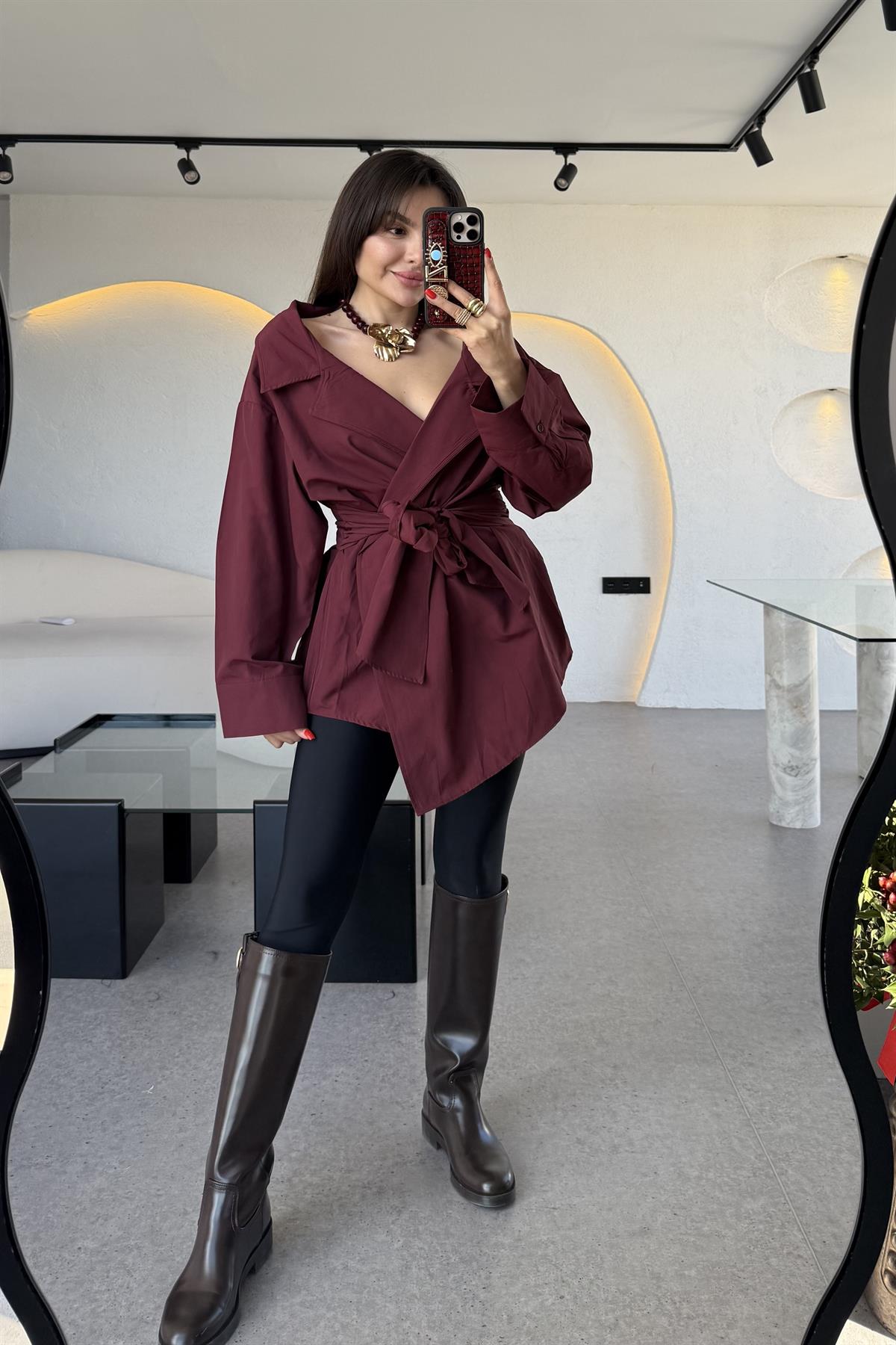 Velva Bordo Bağlamalı Tasarım Gömlek