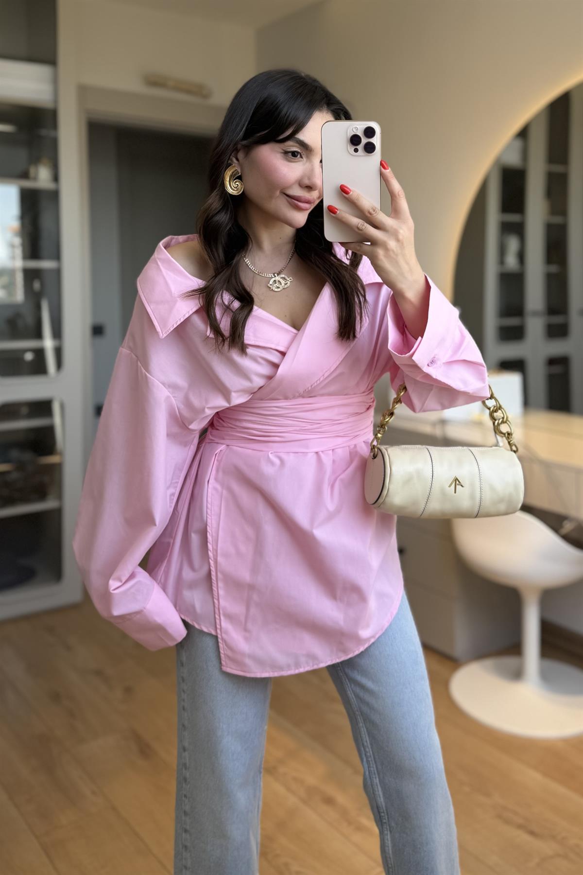 Velva Pembe Bağlamalı Tasarım Gömlek