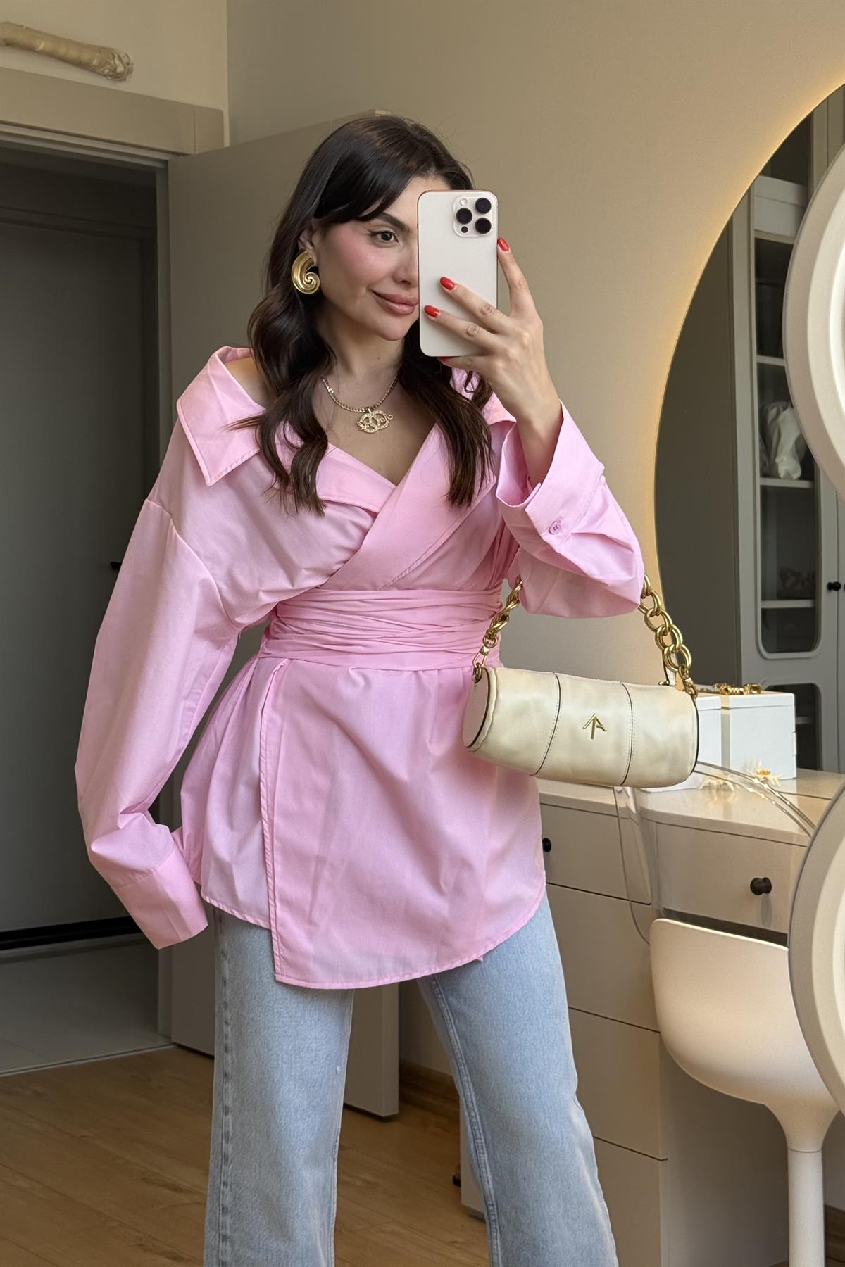 Velva Pembe Bağlamalı Tasarım Gömlek