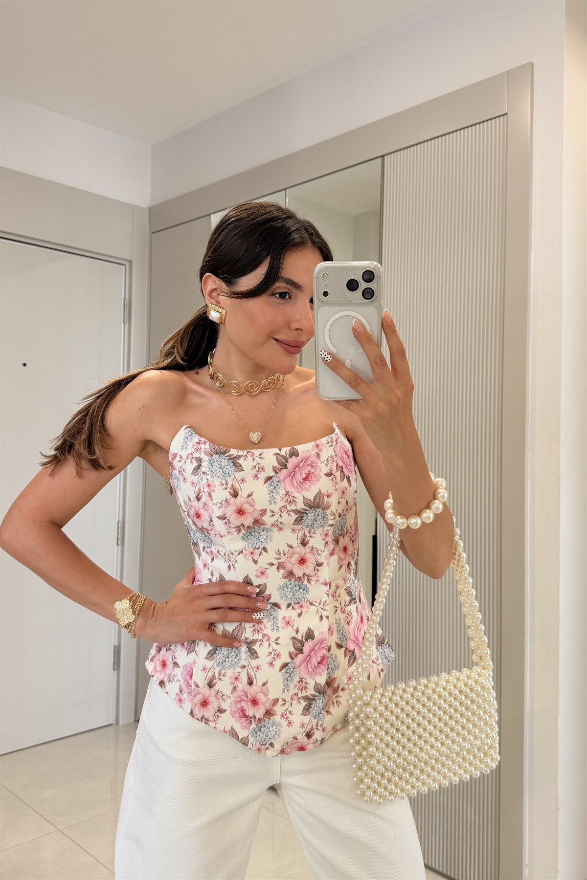 Velvet Ekru Straplez Çiçekli Korse