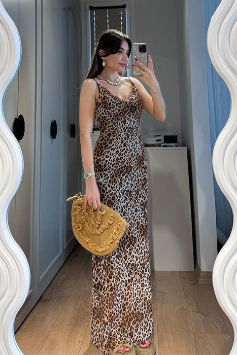 Velvet Sırt Dekolteli Leopar Elbise