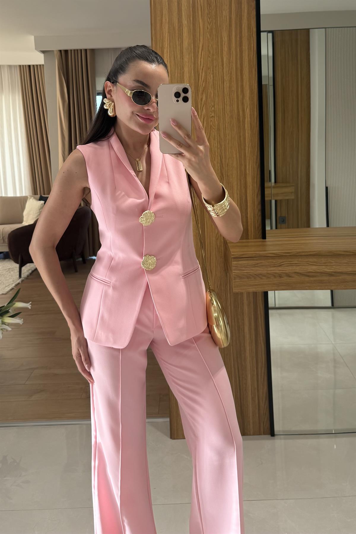 Velzia Pembe Gold Düğmeli Takım