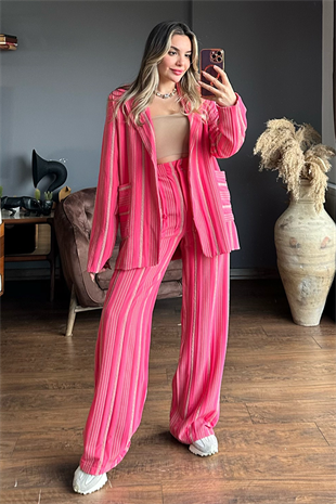 Venessa dikey çizgili pembe ikili takım