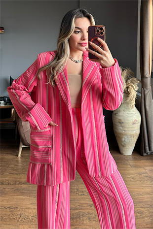 Venessa dikey çizgili pembe ikili takım
