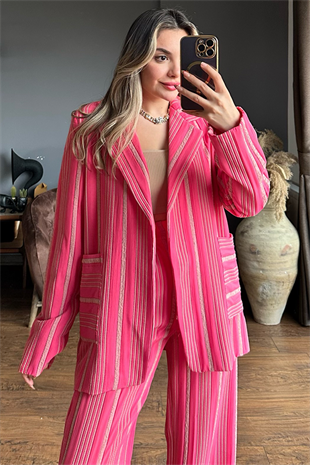 Venessa dikey çizgili pembe ikili takım