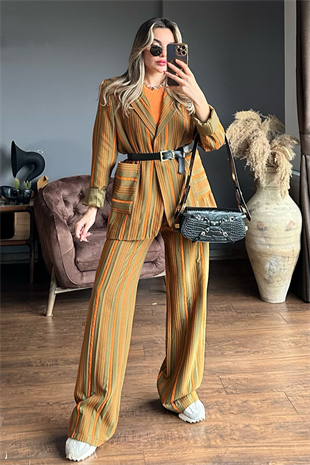 Venessa dikey çizgili turuncu ikili takım