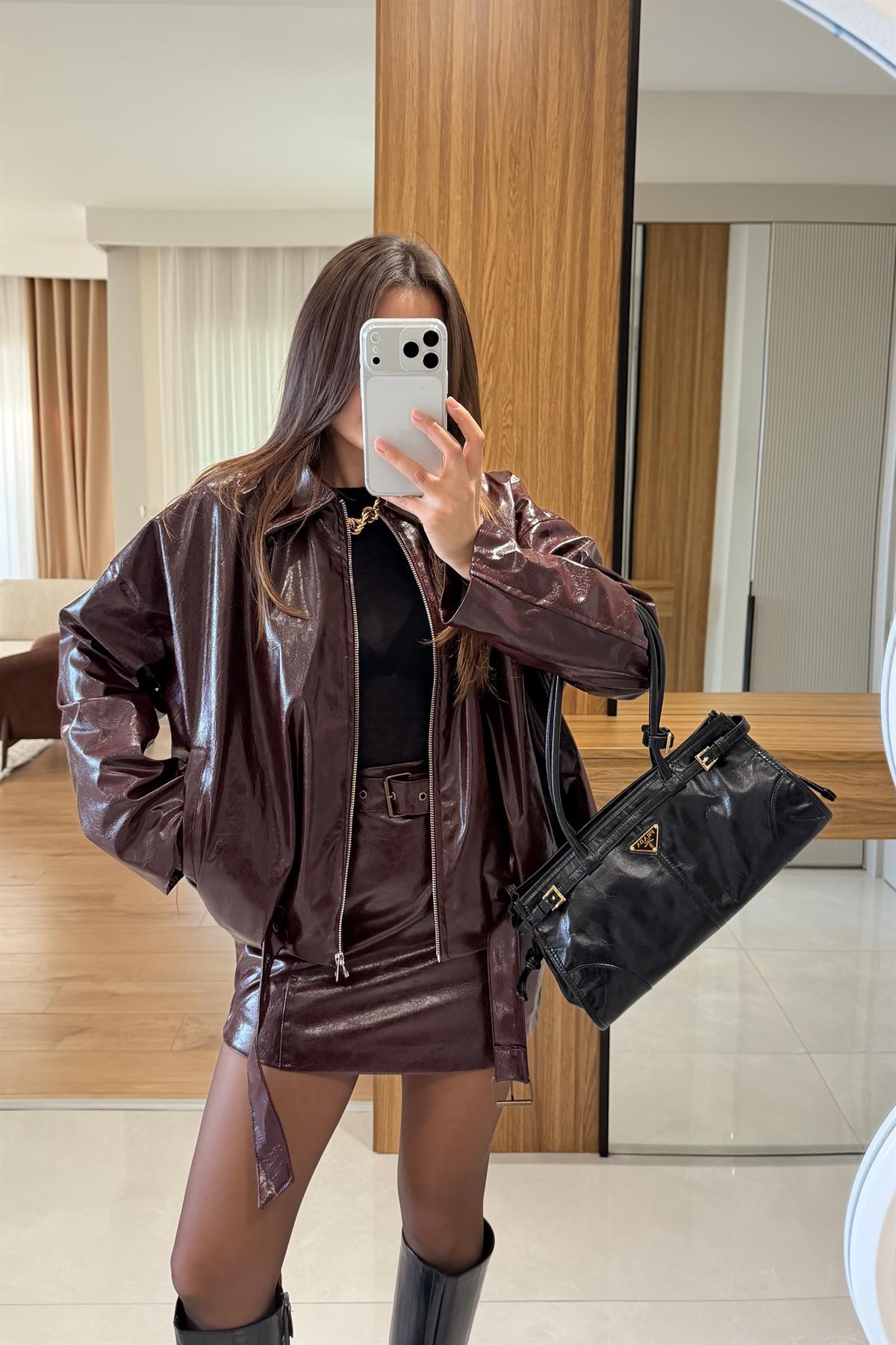 Venna Bordo Deri Etekli Bomber Takım
