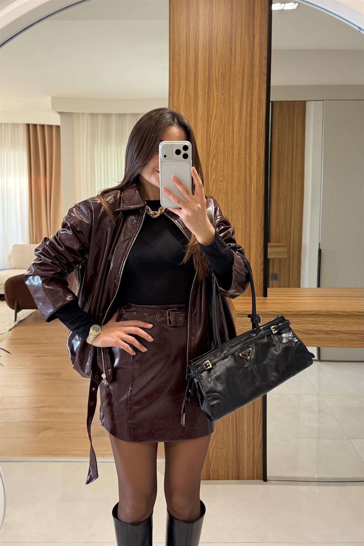 Venna Bordo Deri Etekli Bomber Takım
