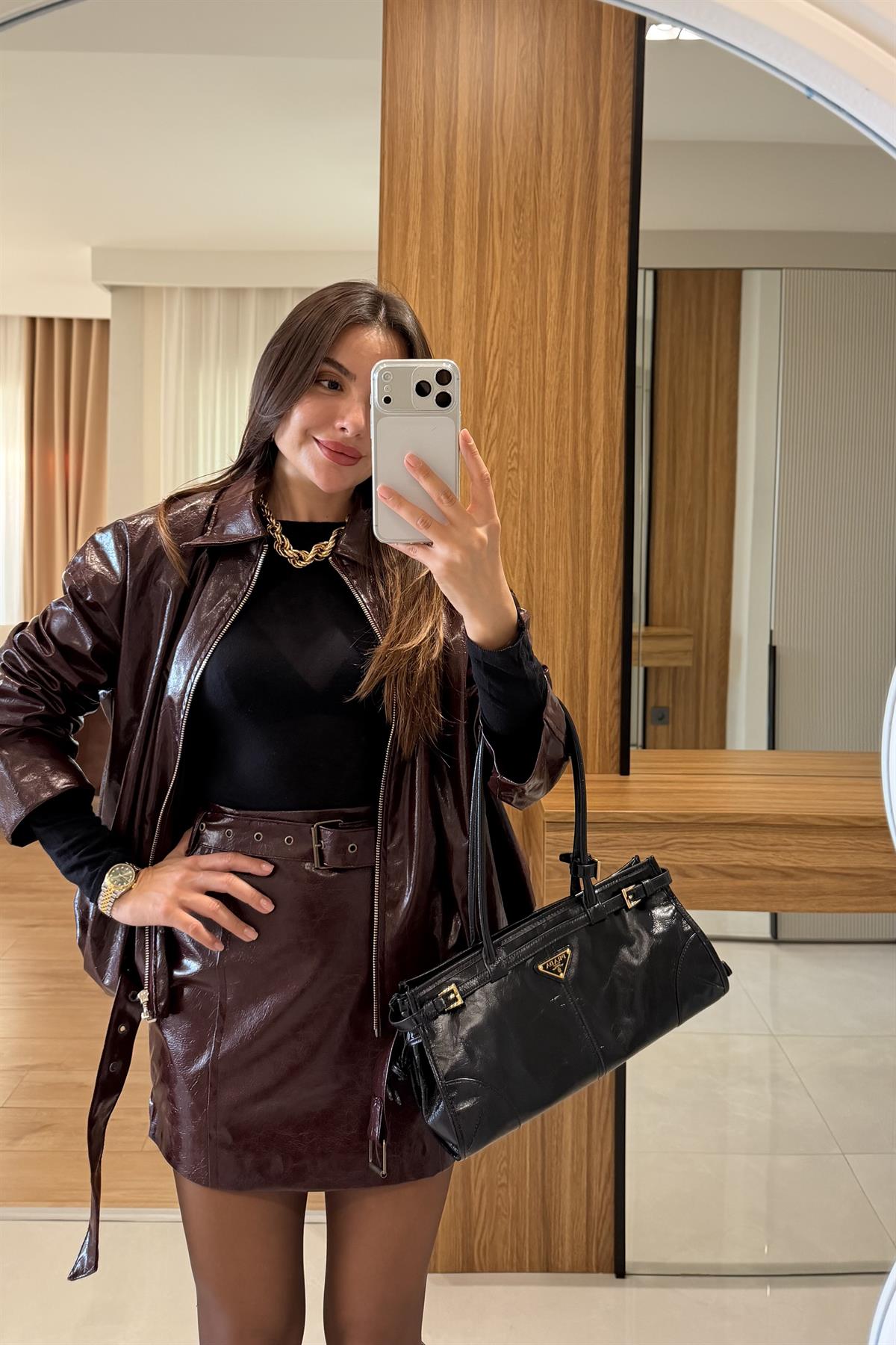 Venna Bordo Deri Etekli Bomber Takım