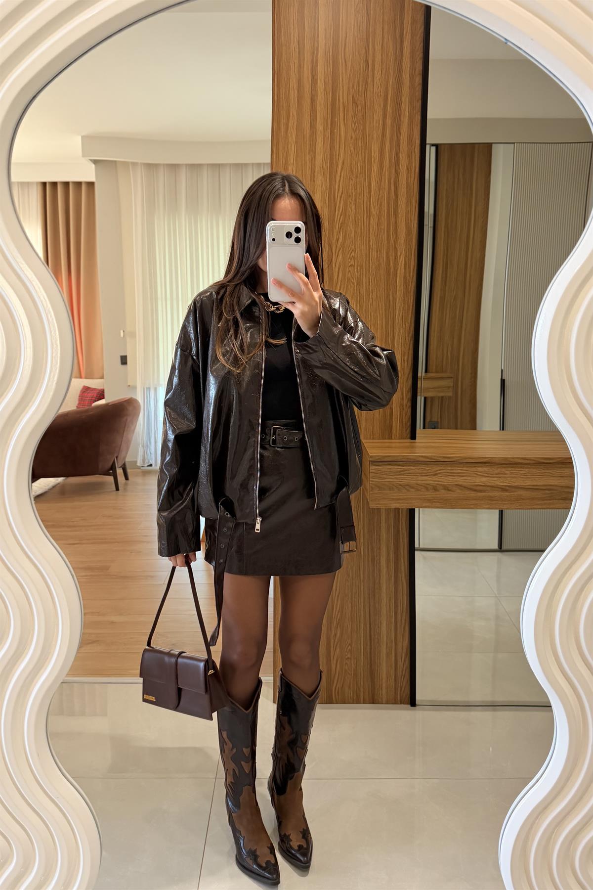 Venna Kahve Deri Etekli Bomber Takım