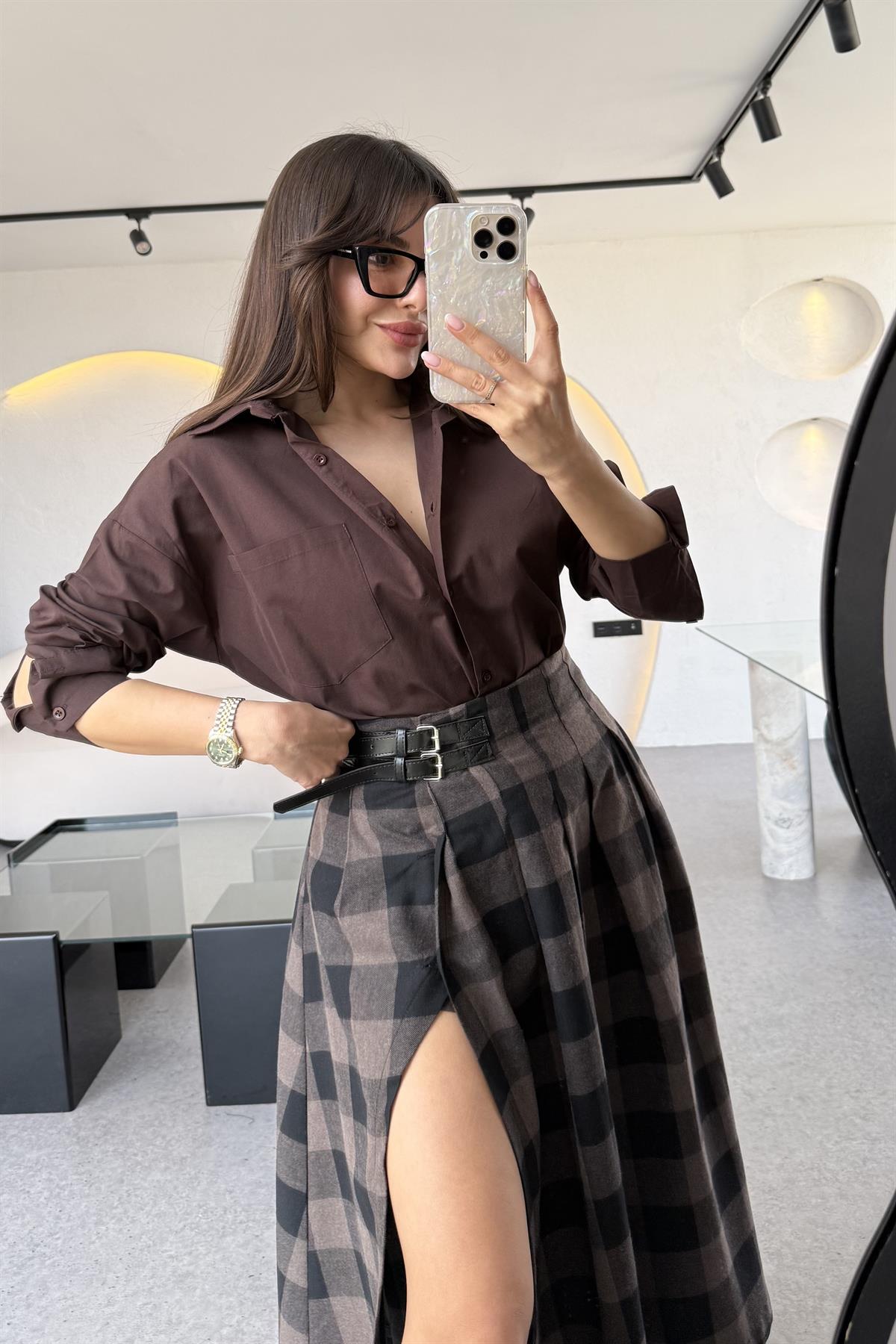 Ventus Acı Kahve Kolu Çift Düğmeli MD Poplin Gömlek 