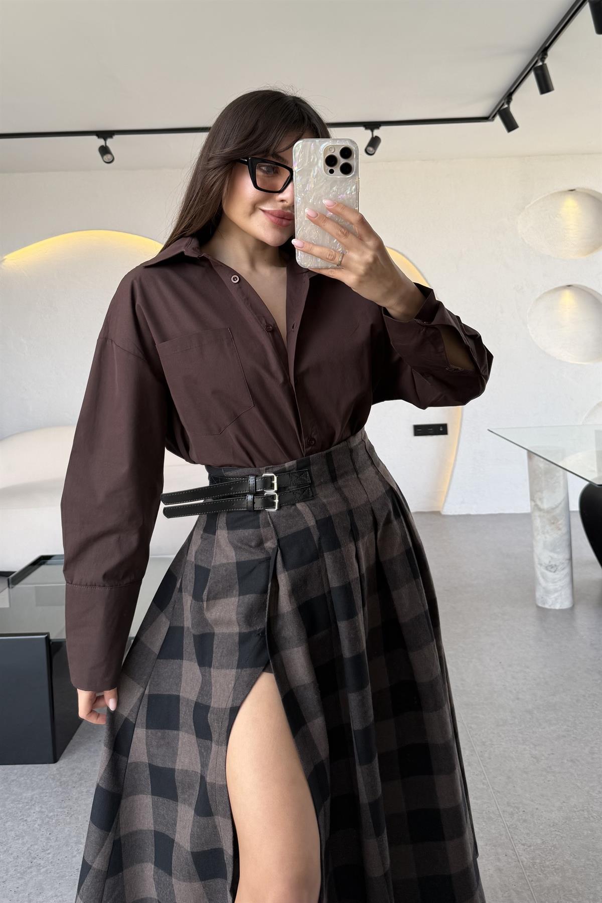 Ventus Acı Kahve Kolu Çift Düğmeli MD Poplin Gömlek 