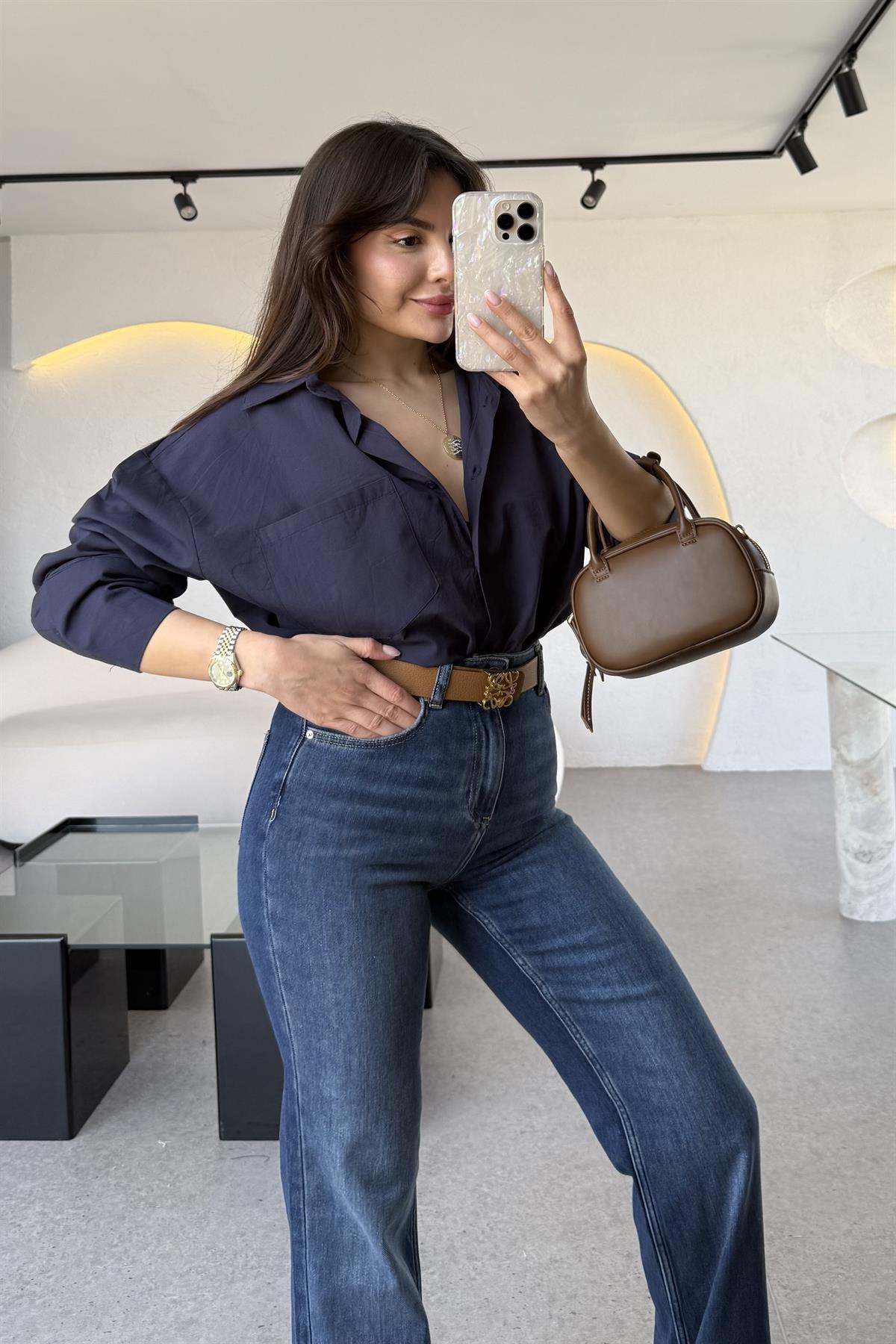 Ventus Lacivert Kolu Çift Düğmeli MD Poplin Gömlek 