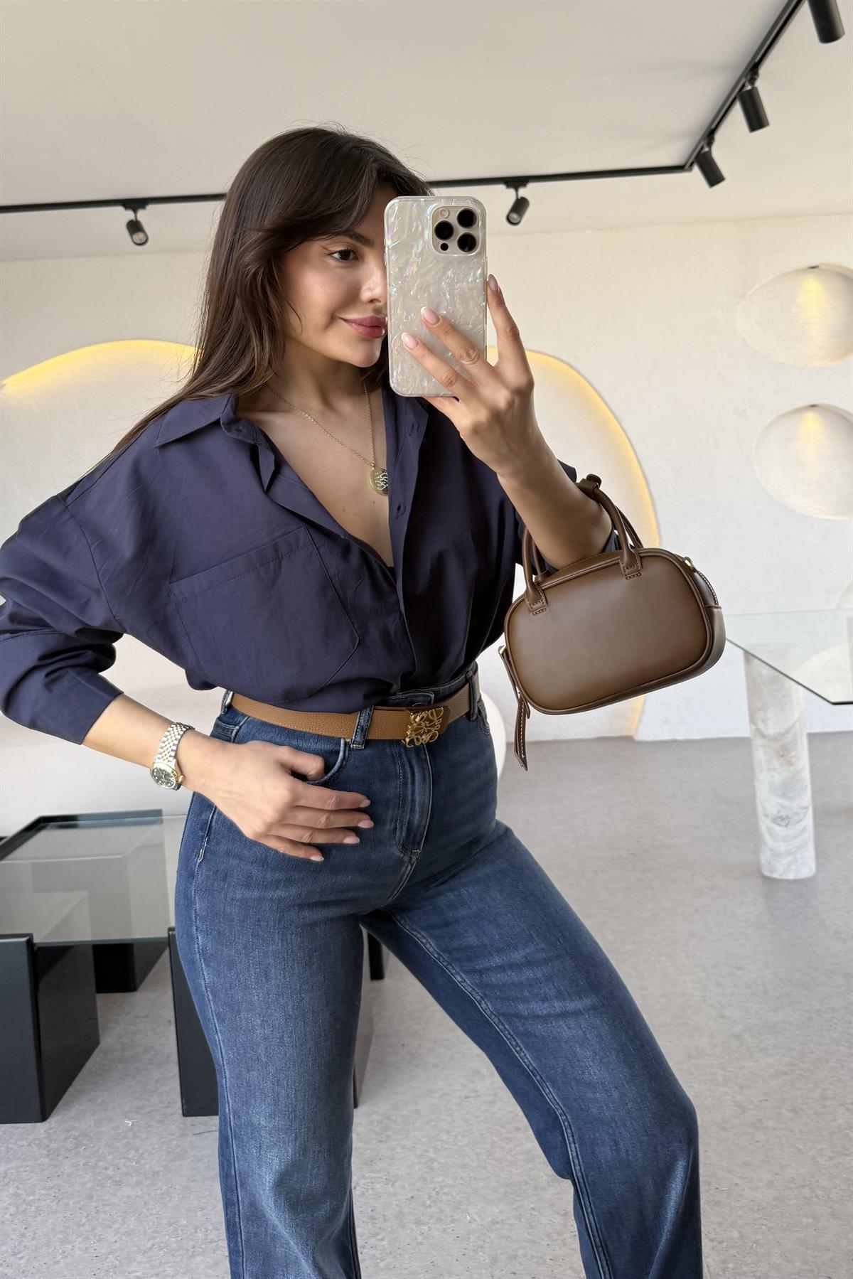 Ventus Lacivert Kolu Çift Düğmeli MD Poplin Gömlek 