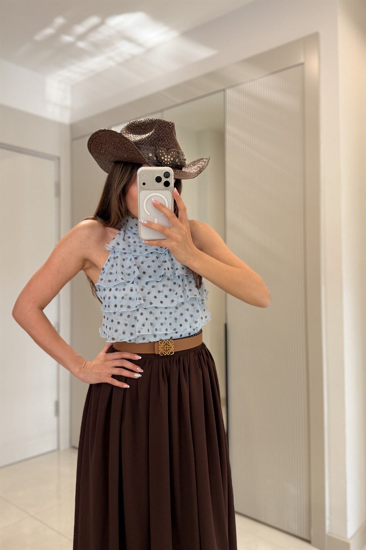 Veronika Mavi Puantiyeli Fırfırlı Bluz