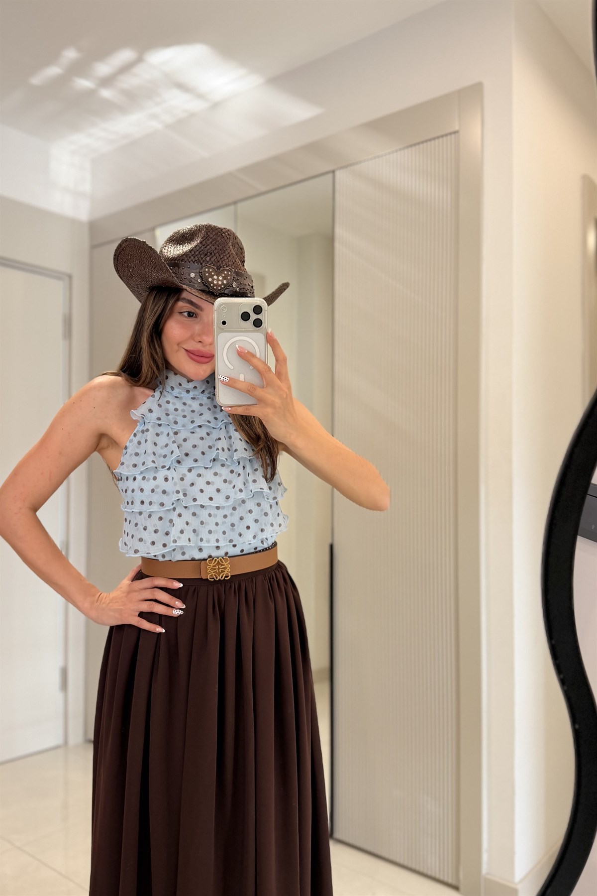 Veronika Mavi Puantiyeli Fırfırlı Bluz