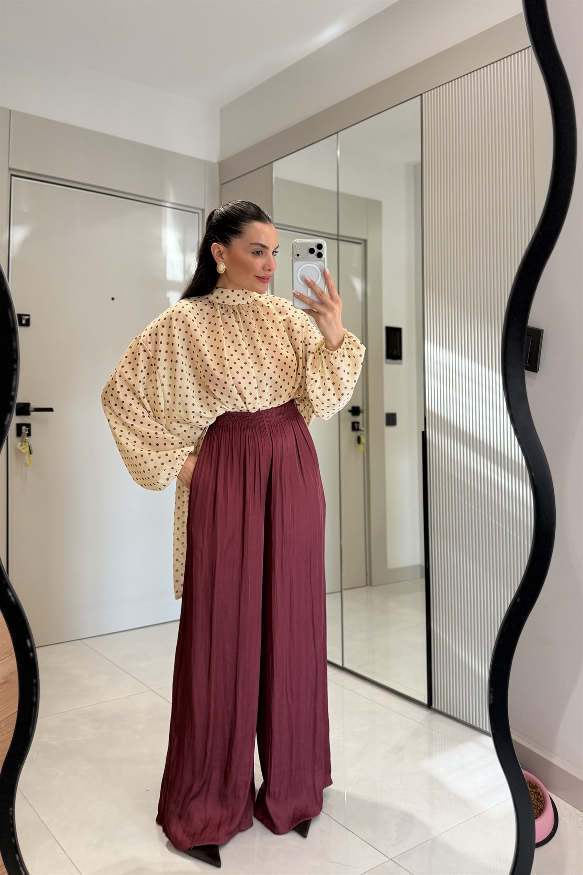 Vespera Bordo Kırışık Model Saten Pantolon