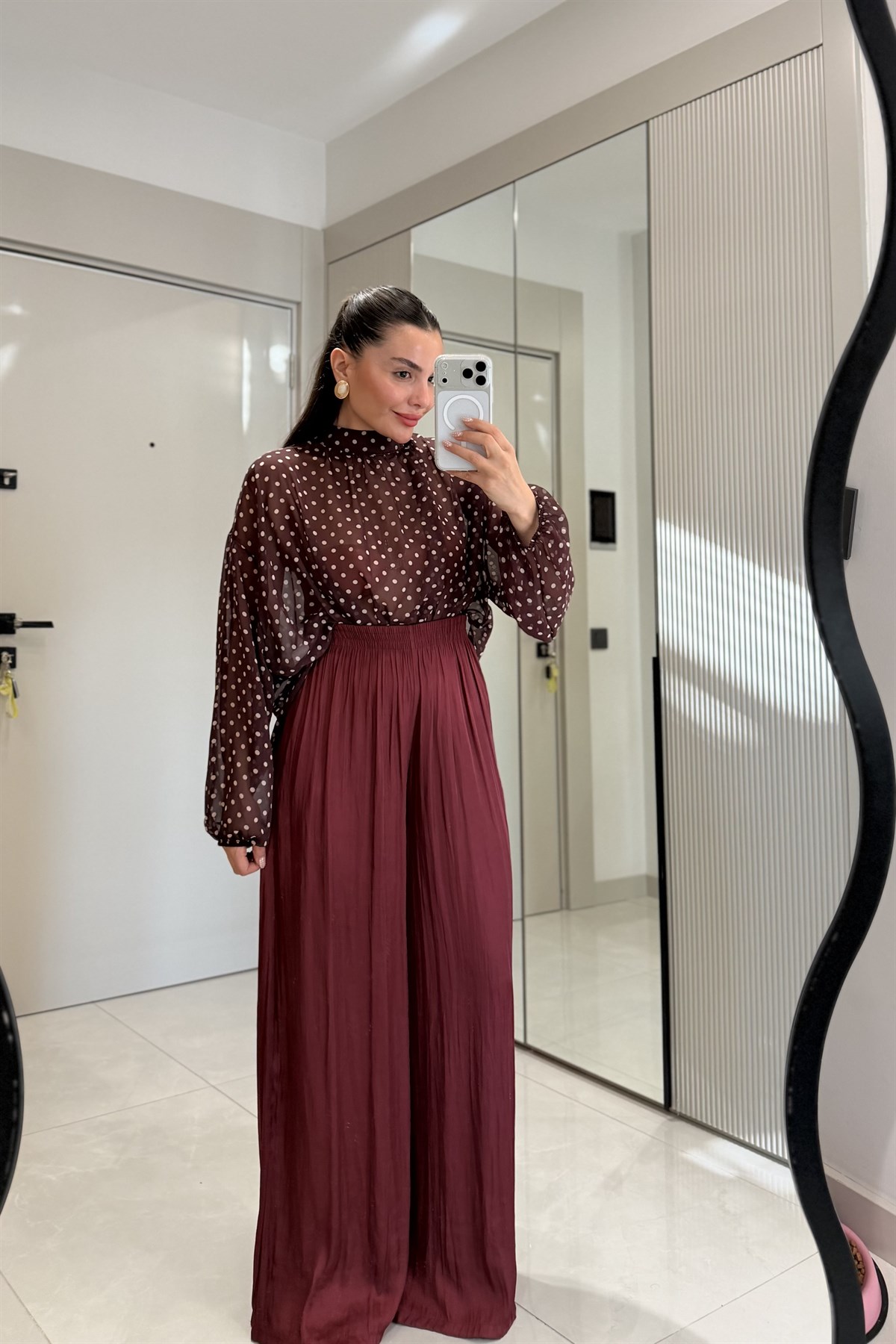 Vespera Bordo Kırışık Model Saten Pantolon