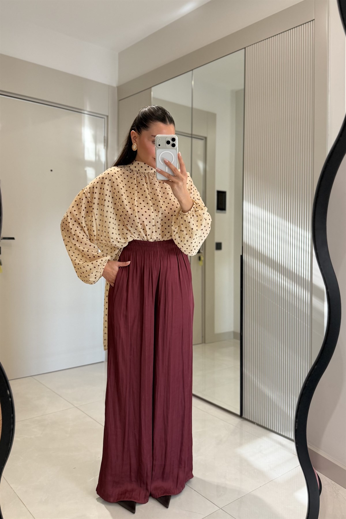 Vespera Bordo Kırışık Model Saten Pantolon