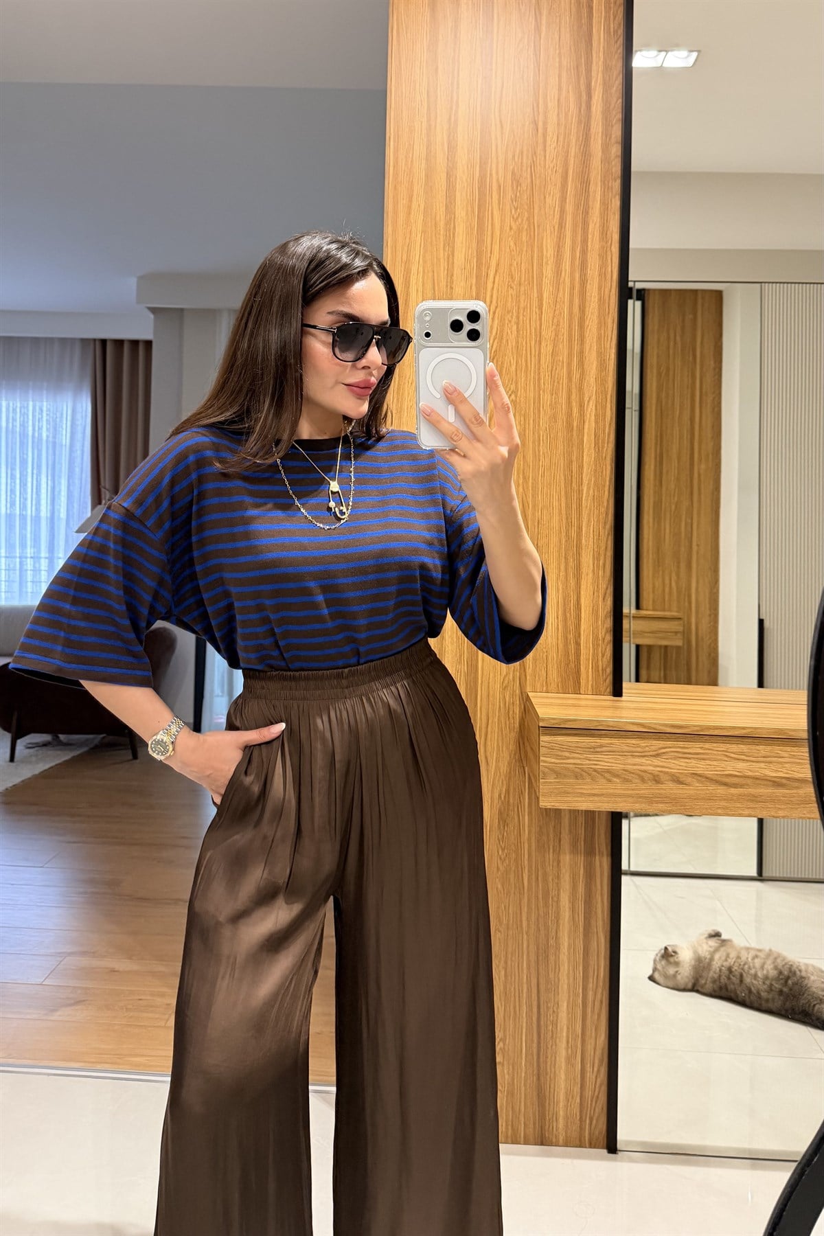 Zelda Lacivert Çizgili Oversize Tshirt