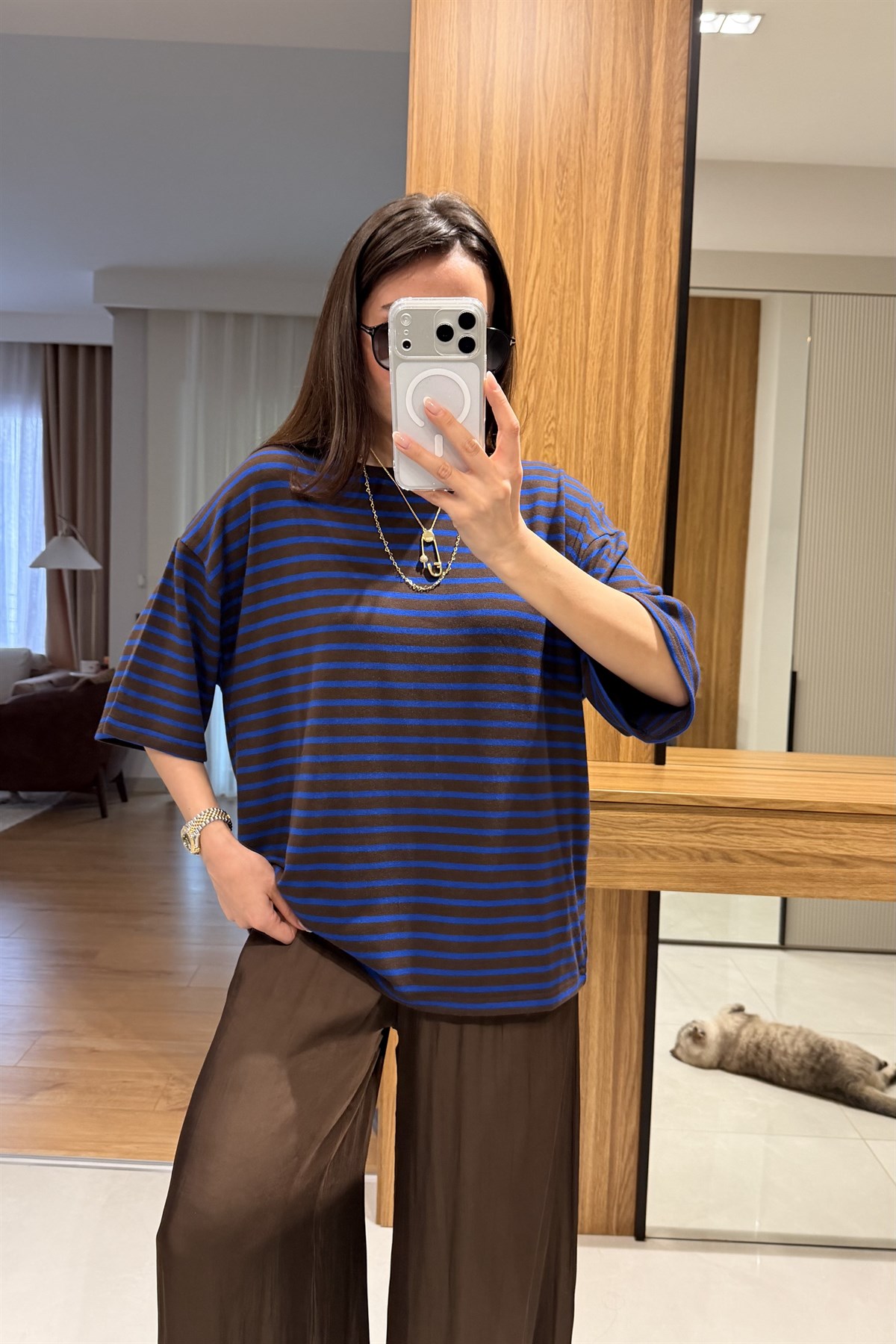 Zelda Lacivert Çizgili Oversize Tshirt