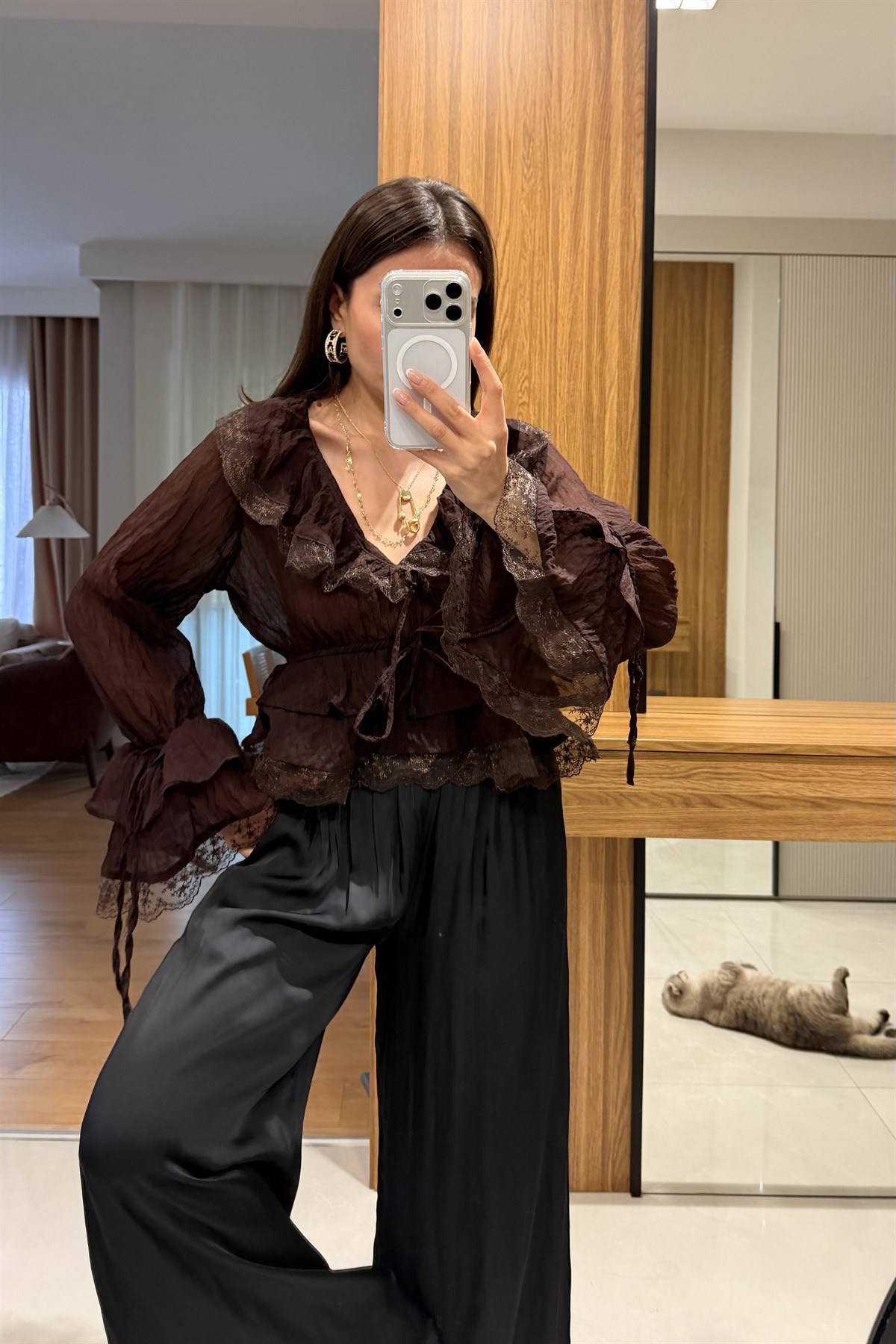Vespera Siyah Kırışık Model Saten Pantolon