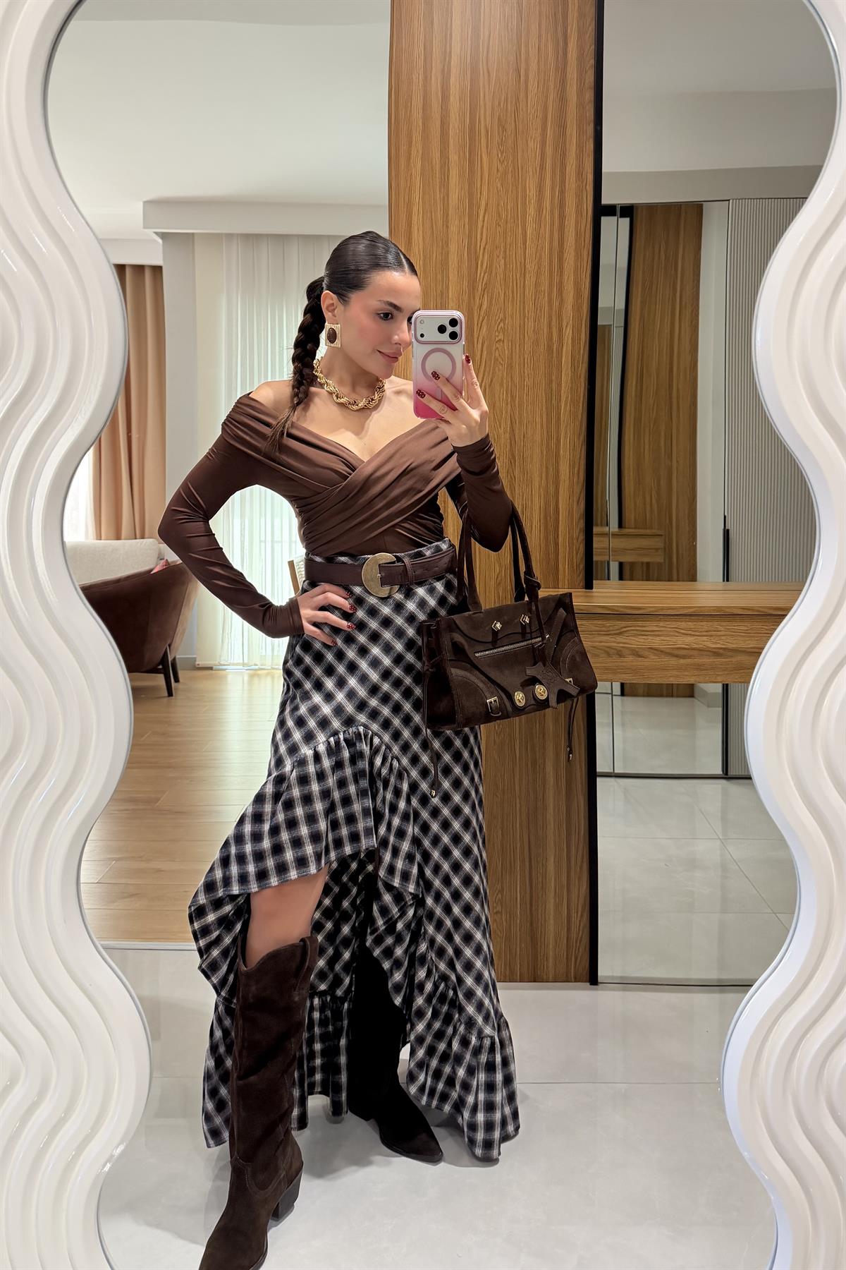 Vesse Kahve Fırfırlı Maxi Ekose Etek