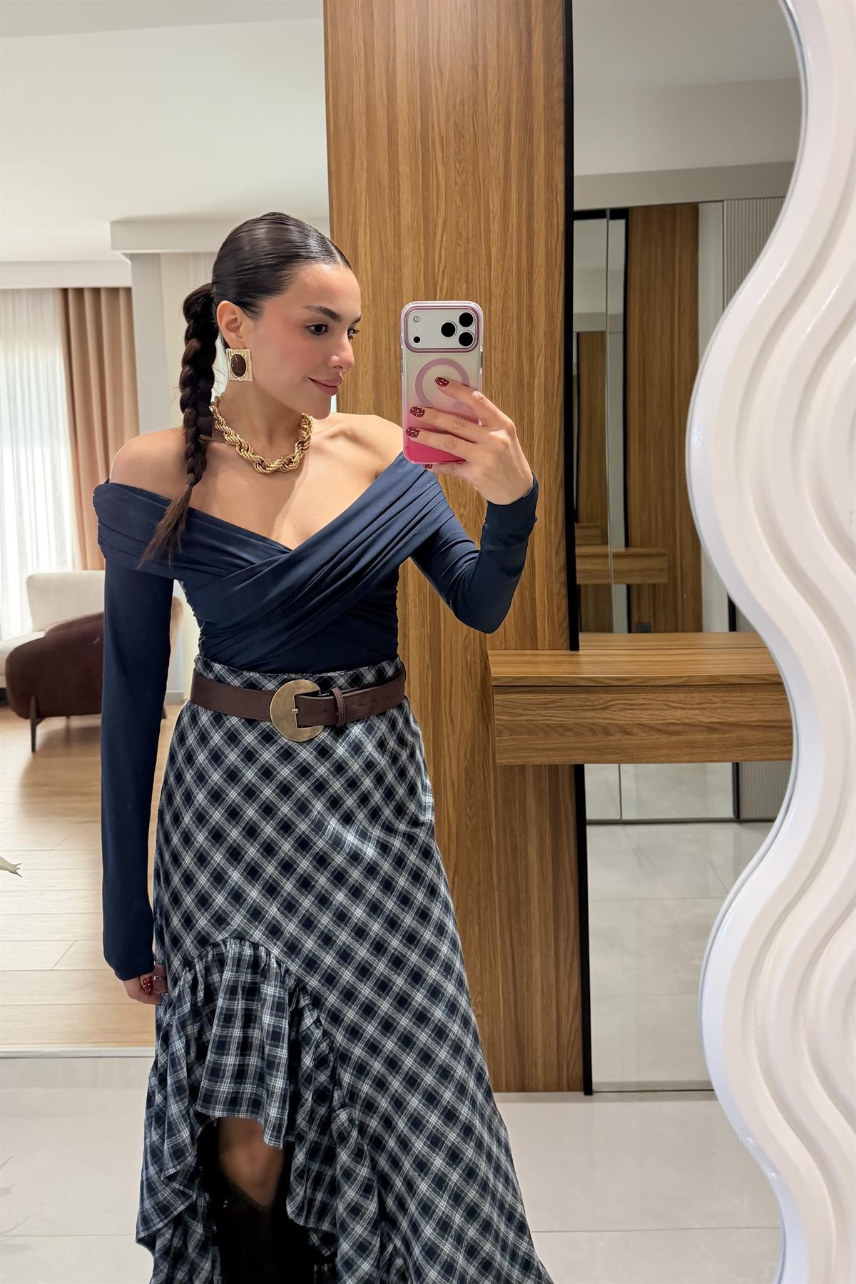 Vesse Yeşil Fırfırlı Maxi Ekose Etek