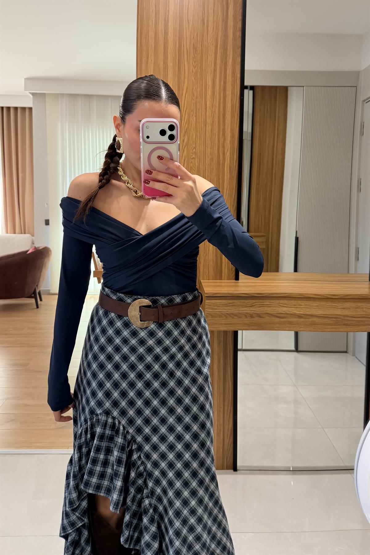 Vesse Yeşil Fırfırlı Maxi Ekose Etek