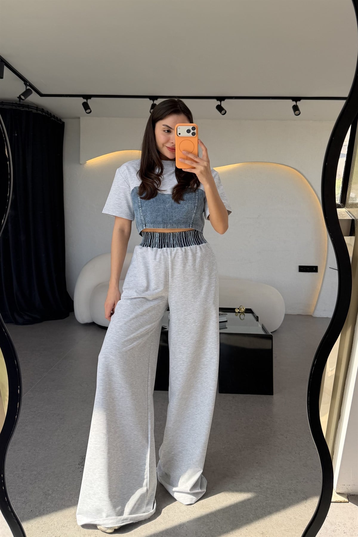 Vestiny Gri Denim Detaylı Takım