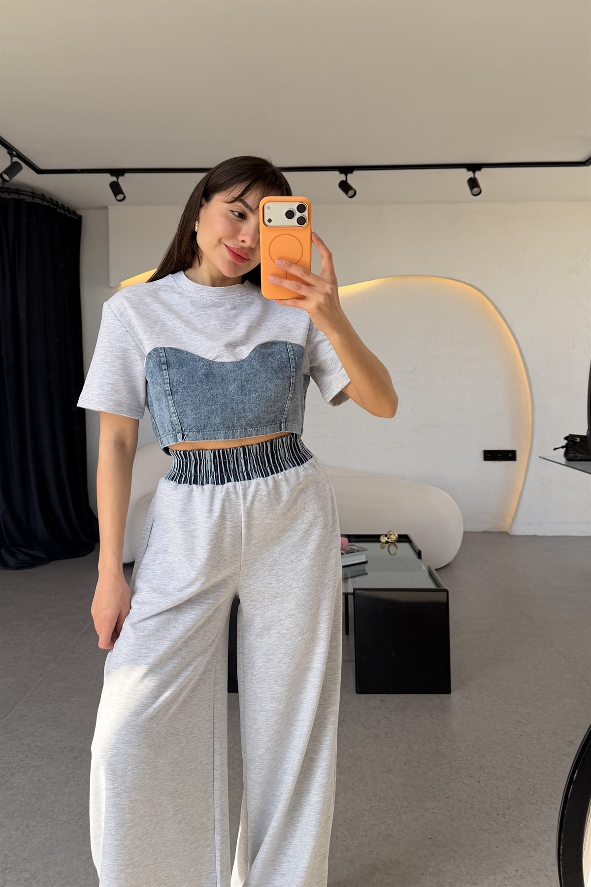 Vestiny Gri Denim Detaylı Takım