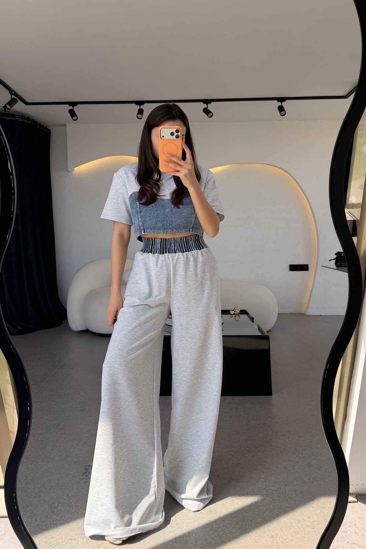 Vestiny Gri Denim Detaylı Takım