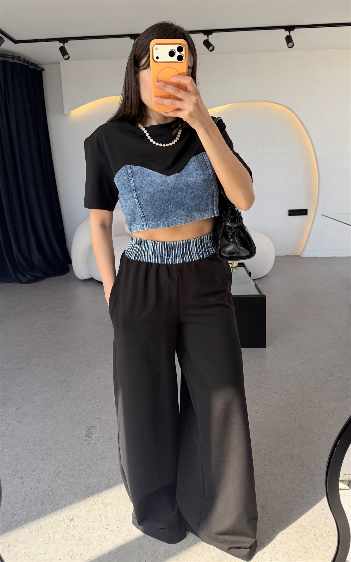 Vestiny Siyah Denim Detaylı Takım