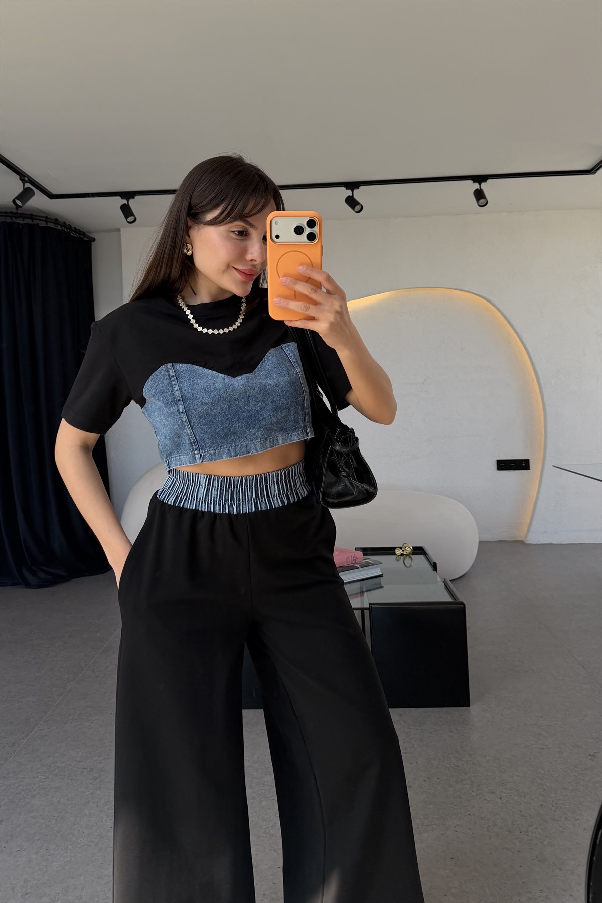Vestiny Siyah Denim Detaylı Takım