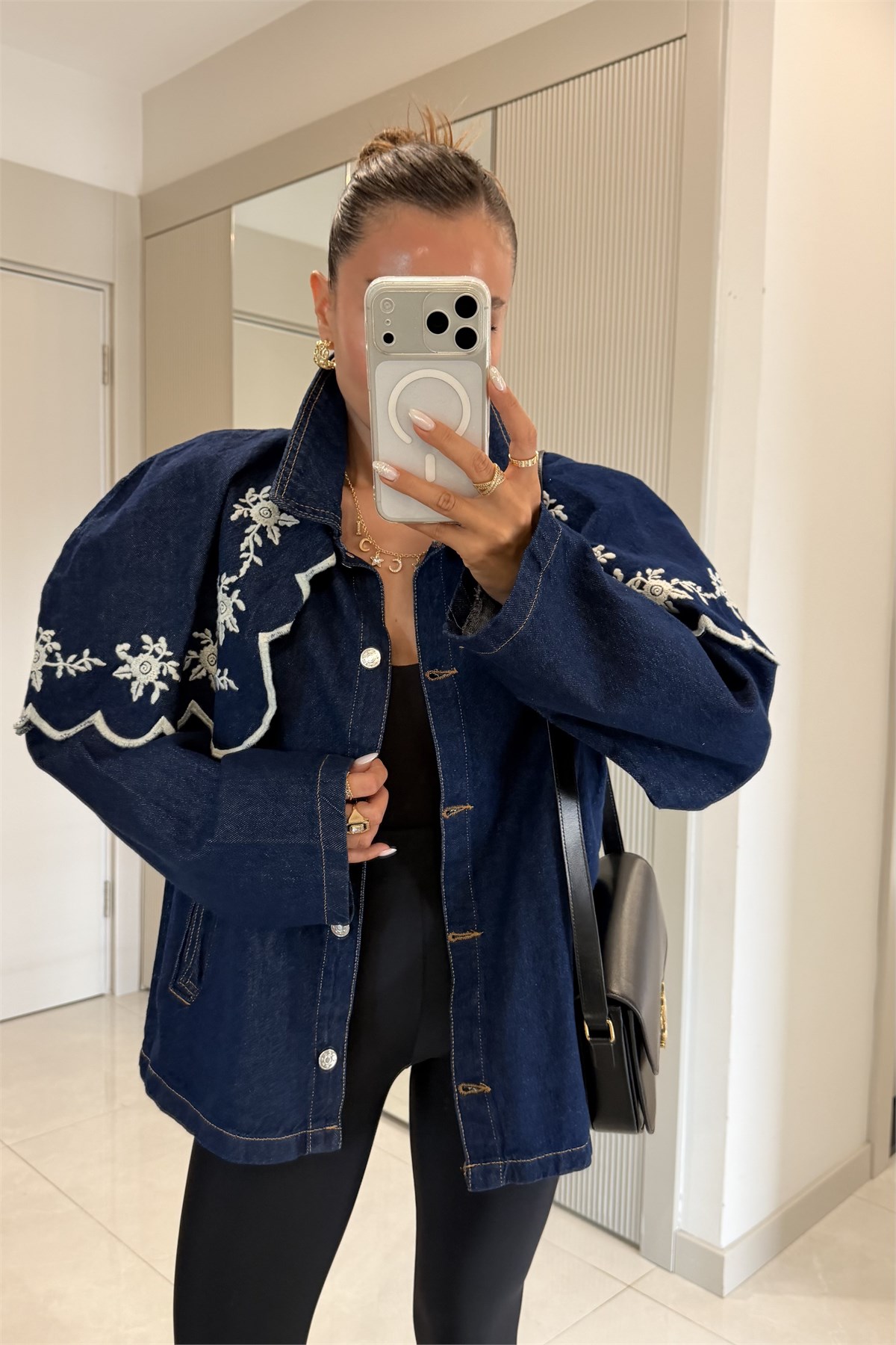 Veyora Darkblue Nakış Pelerinli Denim Ceket